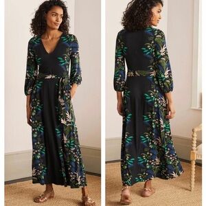 Boden Jodie Floral Tropical Garden Puff Sleeves Black Jersey Maxi Dress size 4P